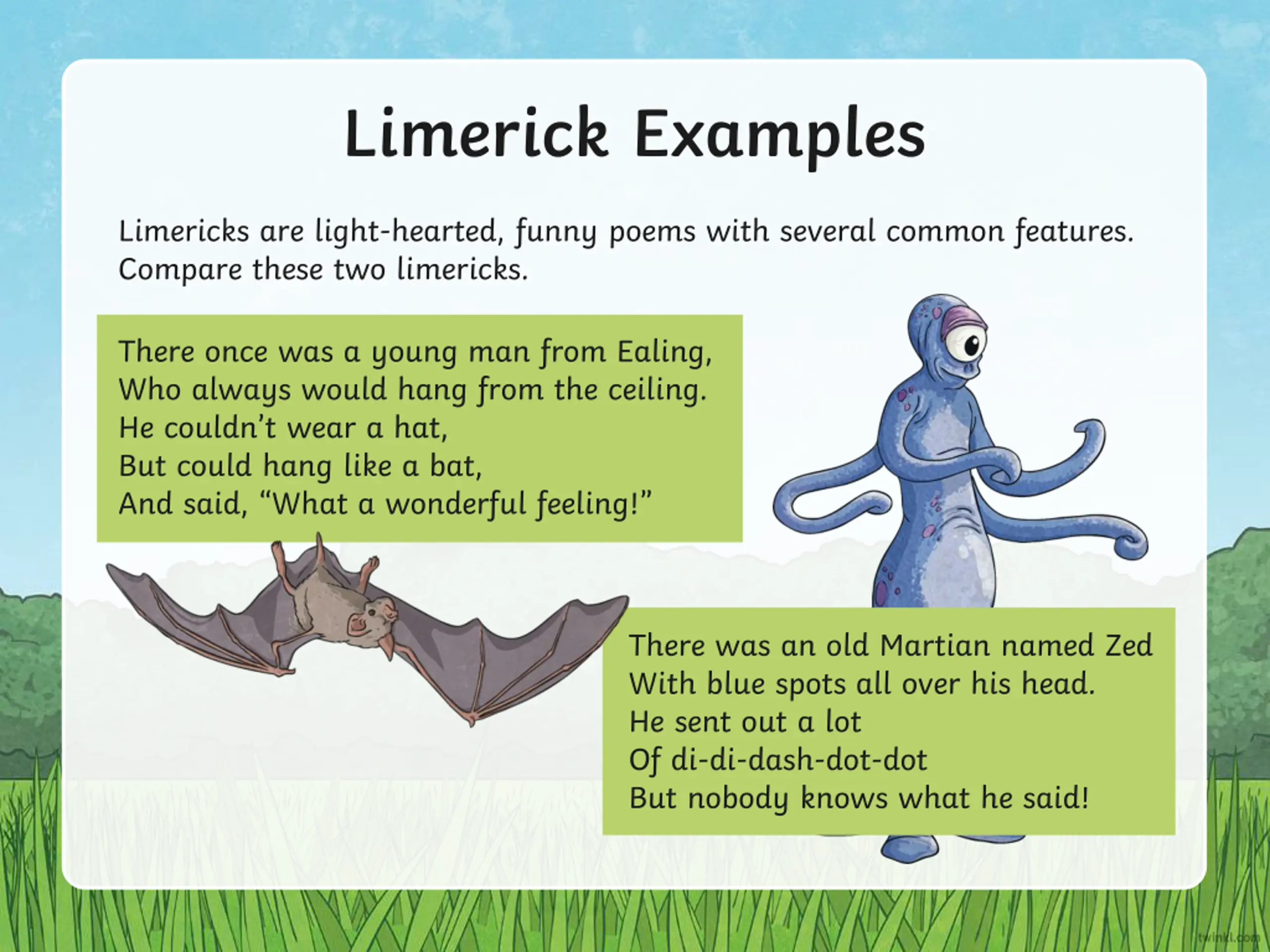 Limericks: Features, Examples, and Rhyming Patterns PPT | SlideOrbit