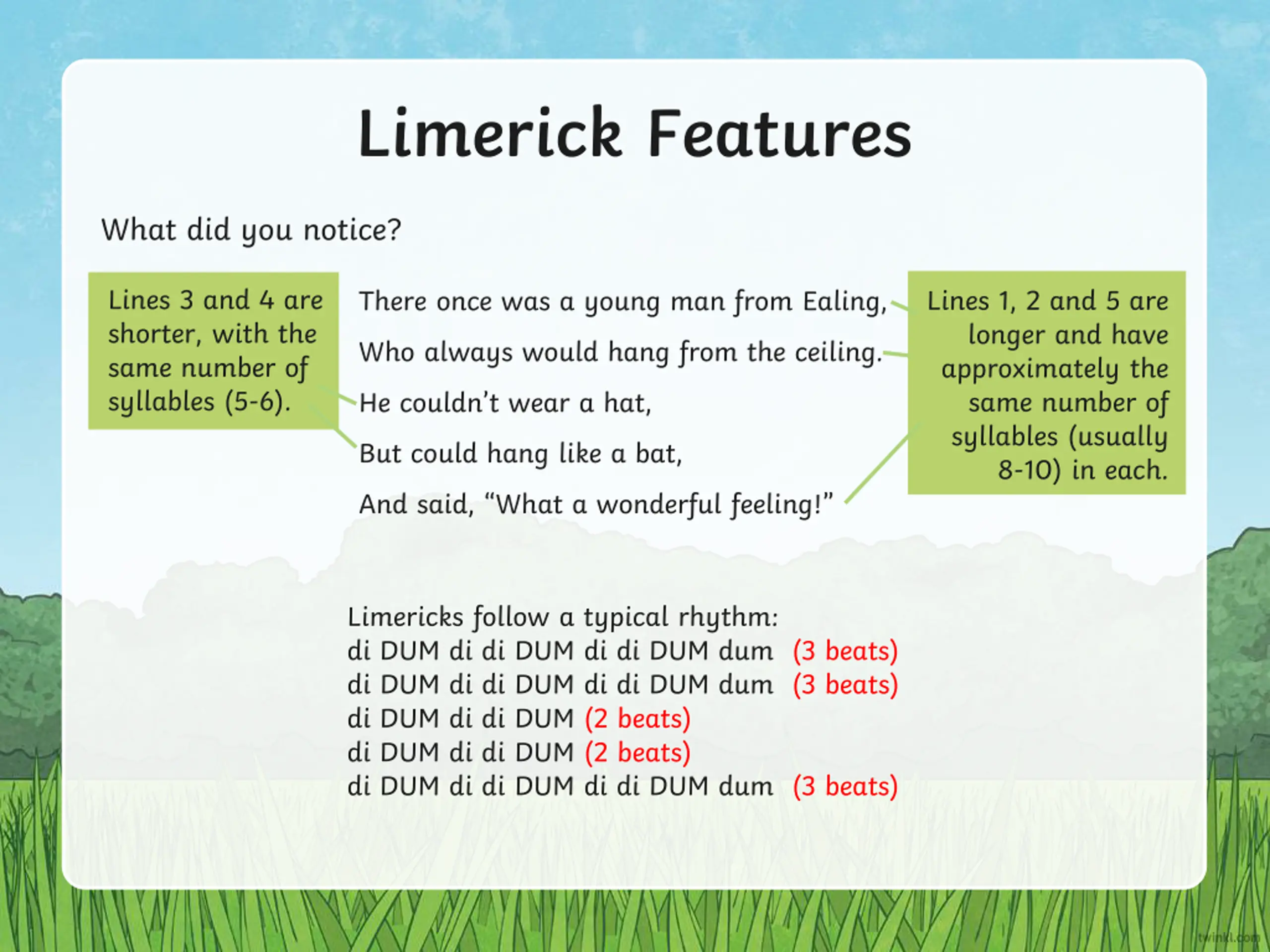 Limericks: Features, Examples, and Rhyming Patterns PPT | SlideOrbit
