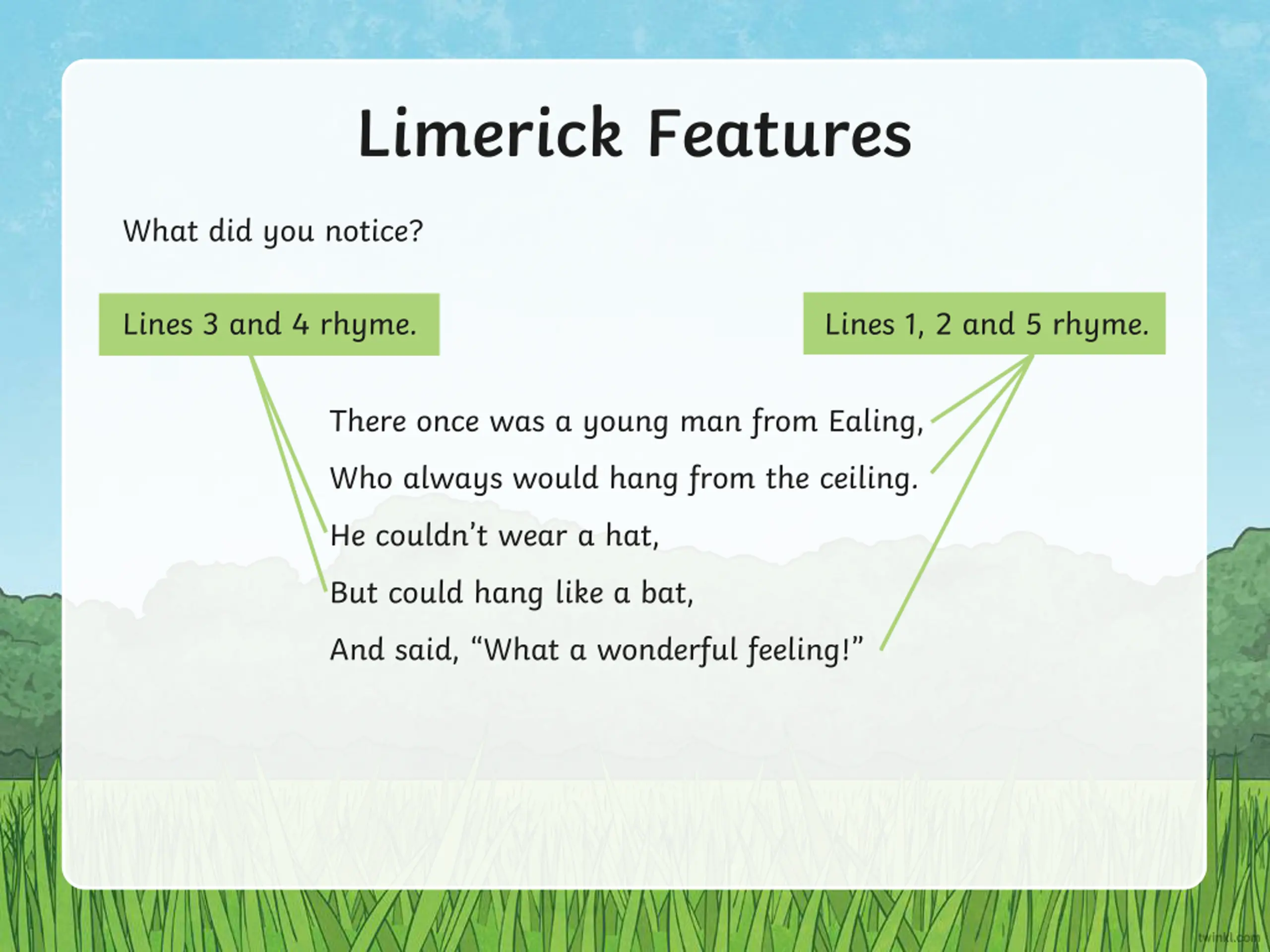 Limericks: Features, Examples, and Rhyming Patterns PPT | SlideOrbit